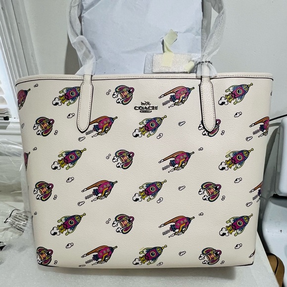 NWT COACH Cosmic Coach City Tote Bag w Rocket Print DBL Face Leather CW030 - Picture 3 of 10